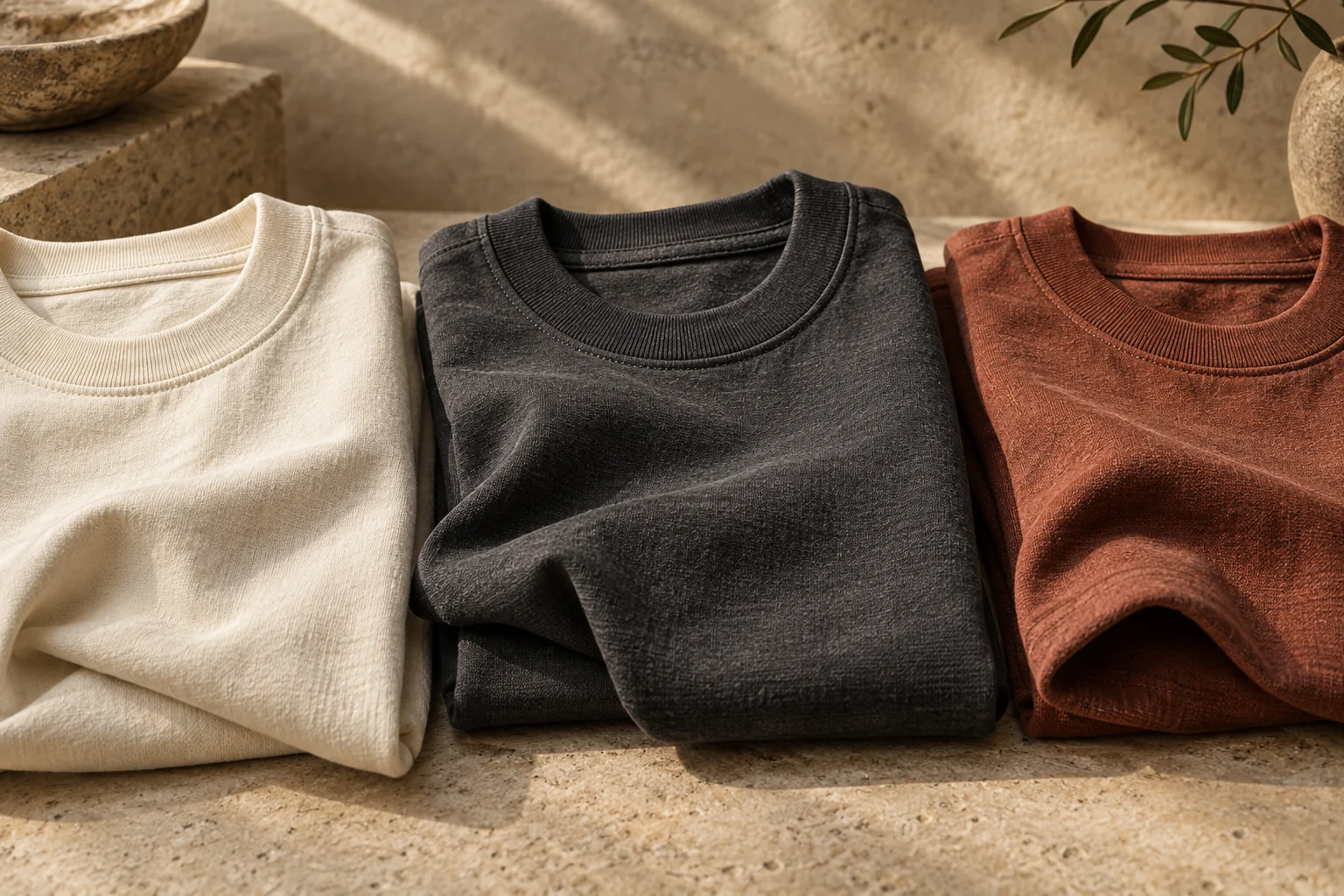 Three heavyweight cotton T-shirts in cream charcoal and rust arranged to show fabric density