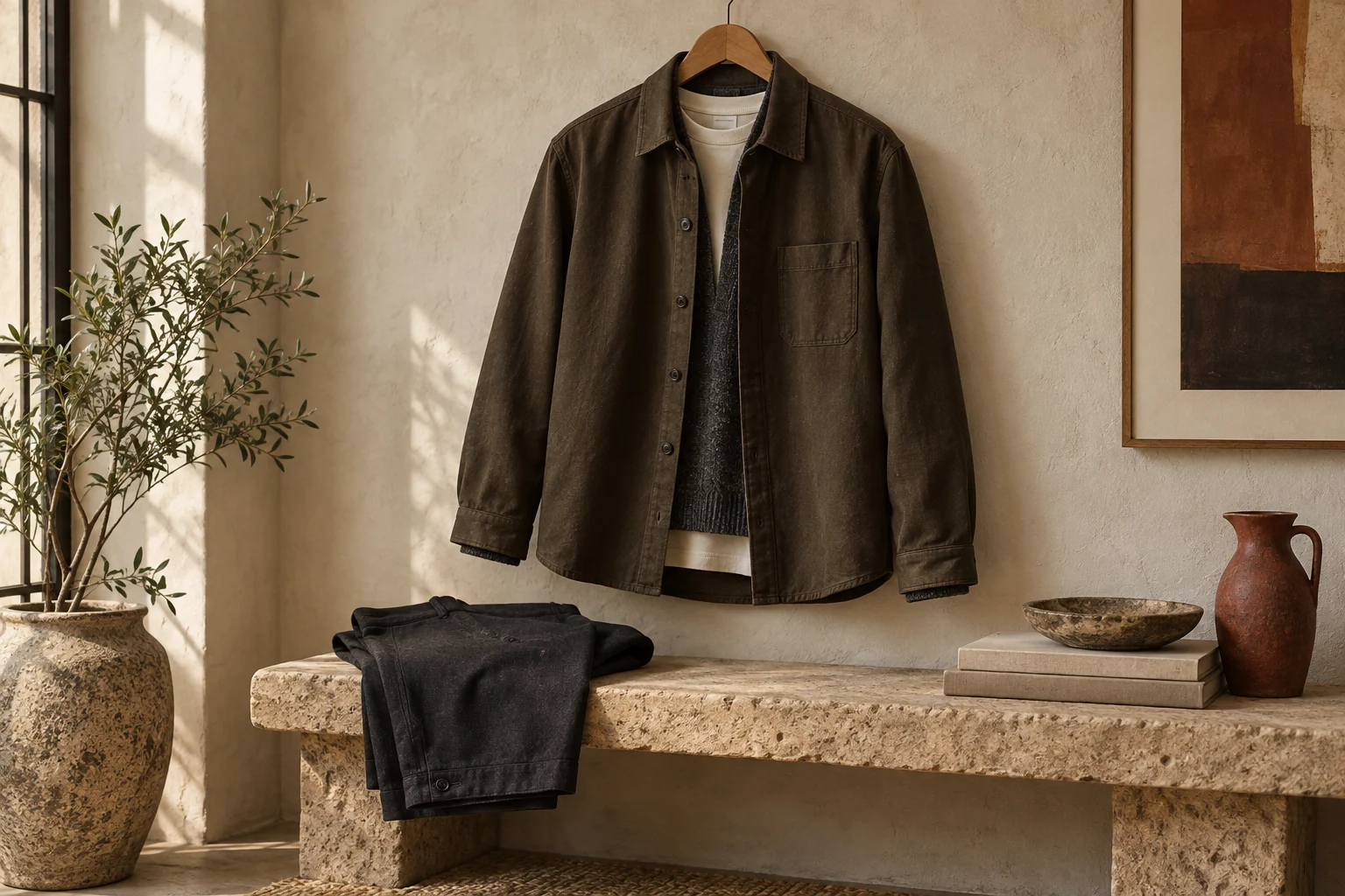 Dark olive overshirt layered with a cream T-shirt and charcoal knit in a warm capsule wardrobe setting