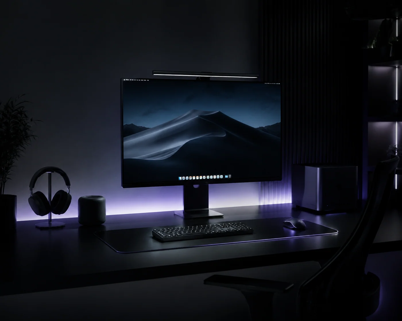 Minimalist desk setup with dual monitor and cable management