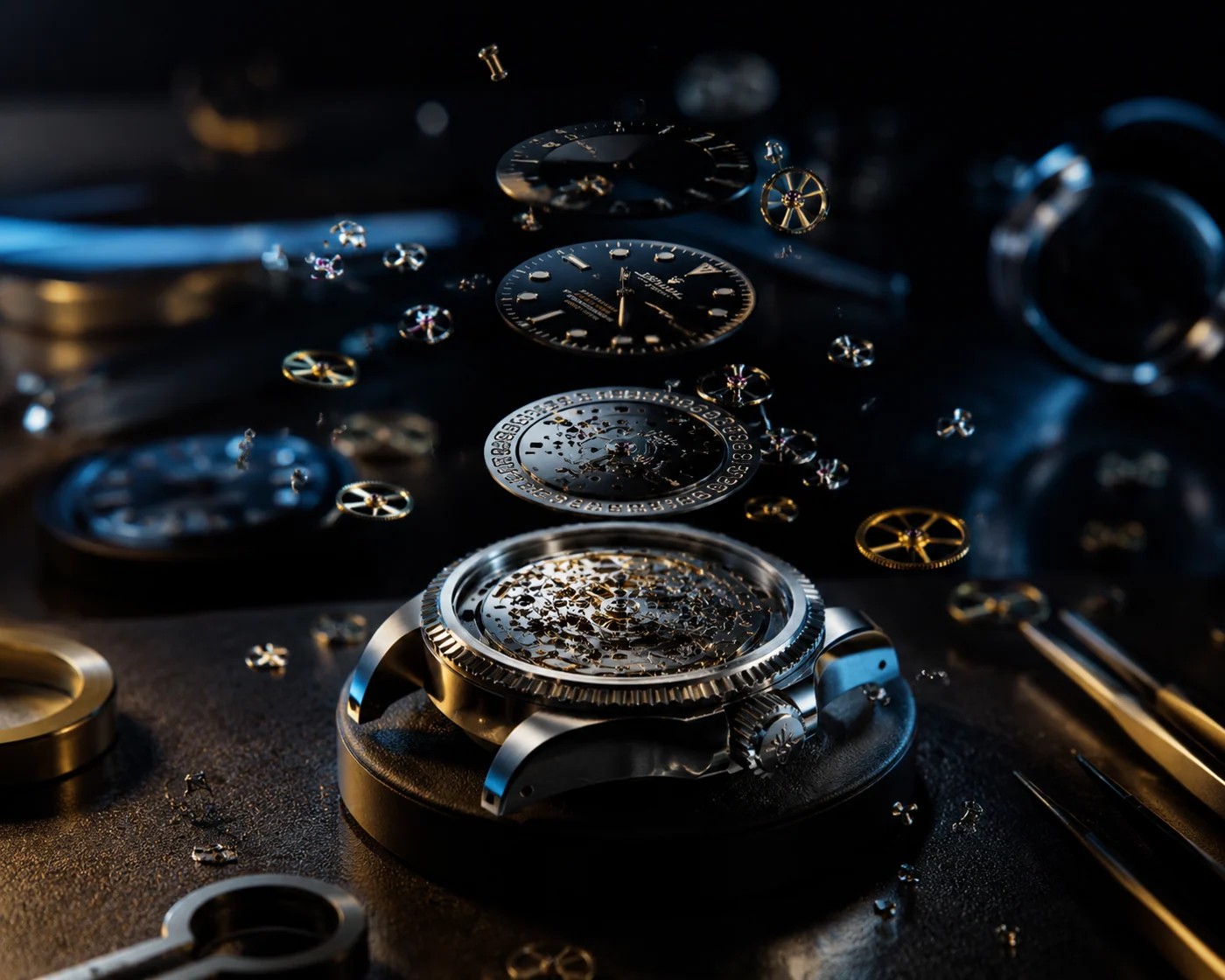 Automatic mechanical watch macro shot on dark background