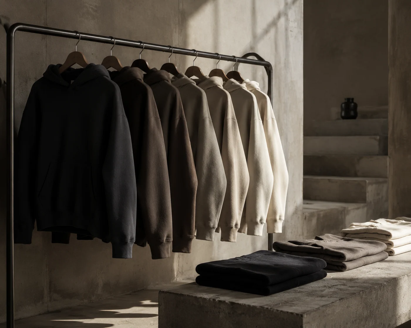 Minimalist menswear outfit with heavyweight hoodie and trail footwear