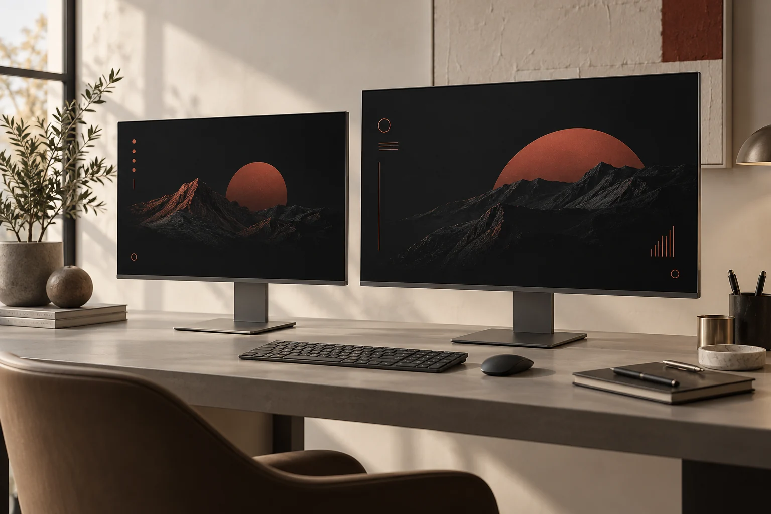 A 24-inch and 27-inch minimalist monitor arranged side by side on a warm neutral desk