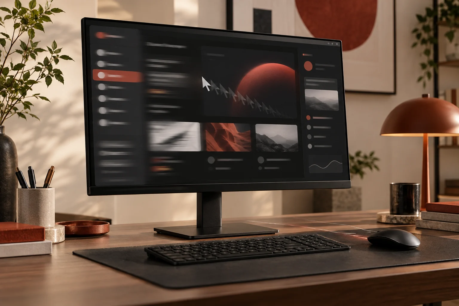 Minimalist office monitor showing smooth abstract scrolling and cursor motion