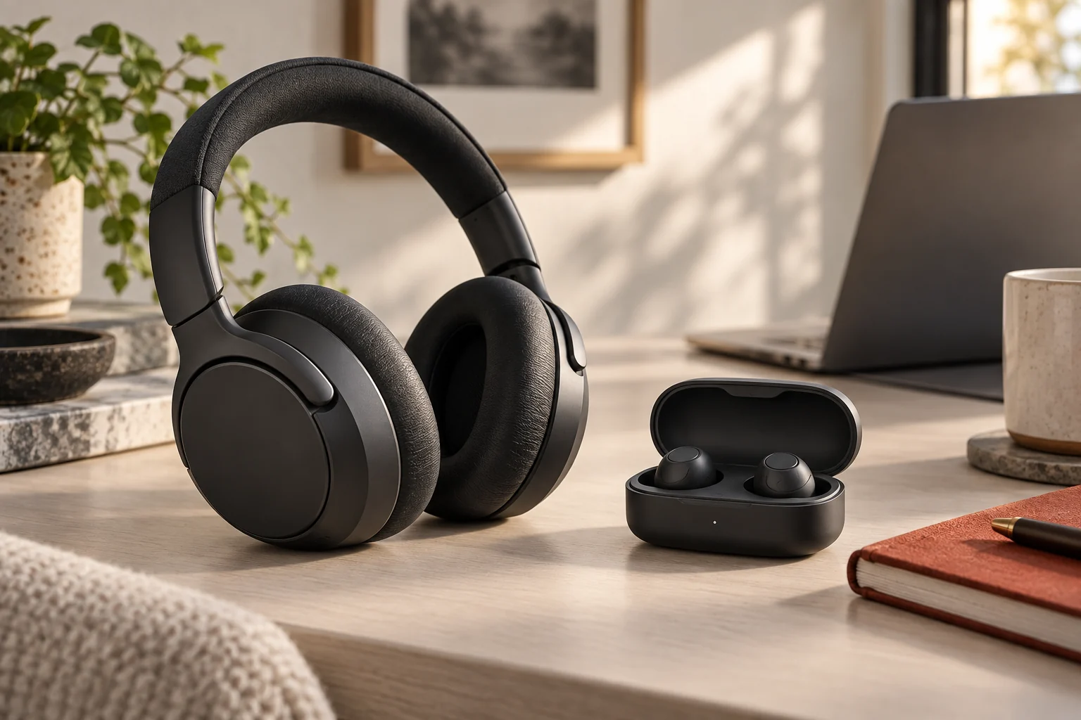 Over-ear wireless headphones and compact earbuds arranged on a quiet home-office desk