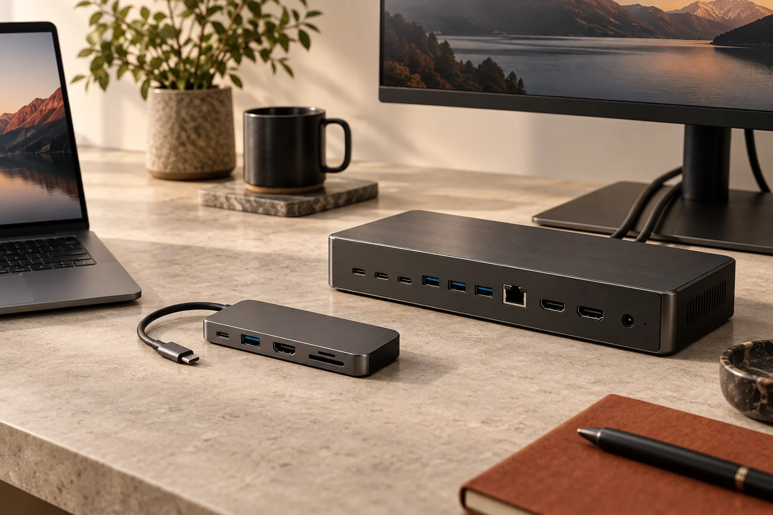Compact USB-C hub beside a larger desktop dock on a warm minimalist desk