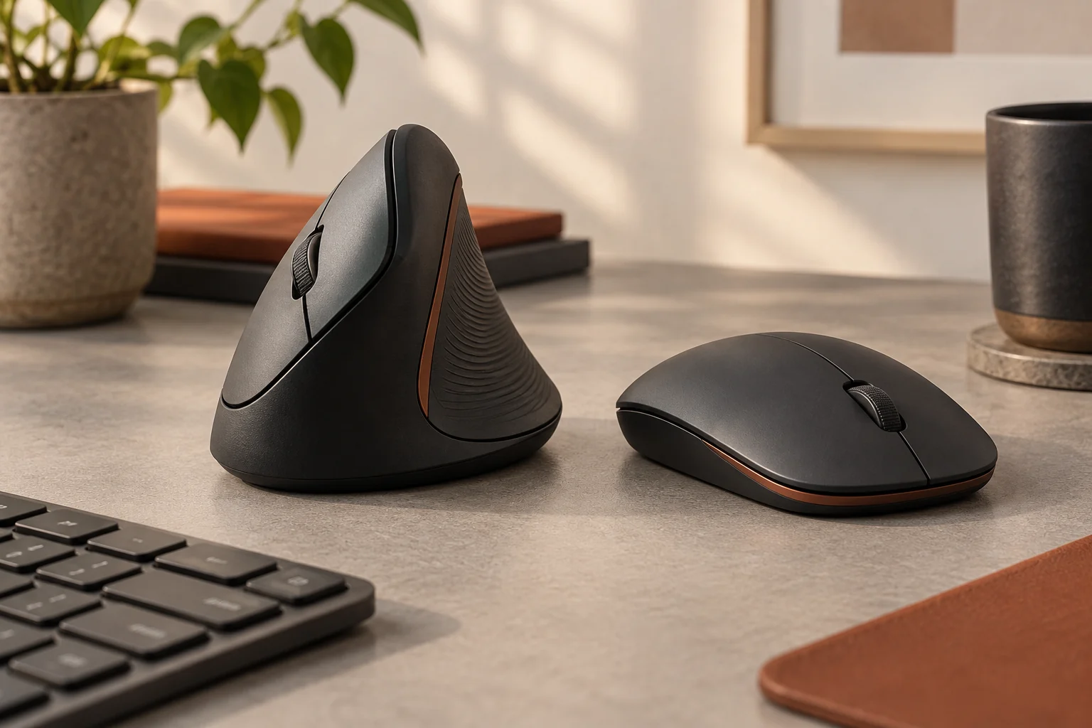 Vertical ergonomic mouse beside a traditional low-profile mouse on a warm gray desk