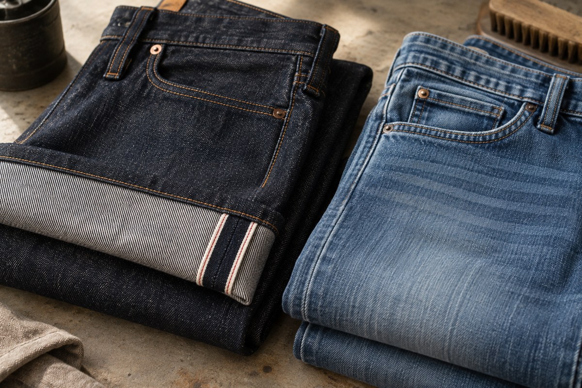 Editorial illustration for selvedge vs stretch denim: comfort, construction and care explained