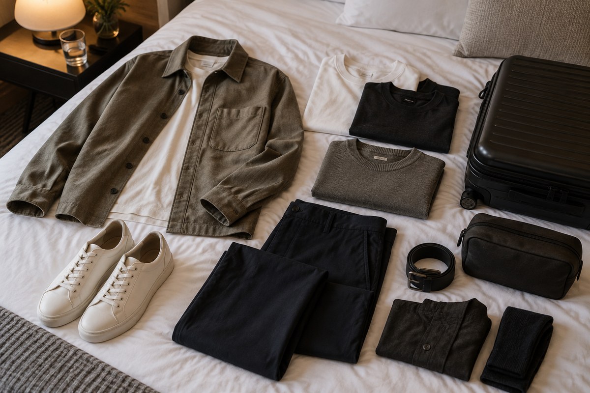 Editorial illustration for men’s travel capsule wardrobe: a practical packing list for a week