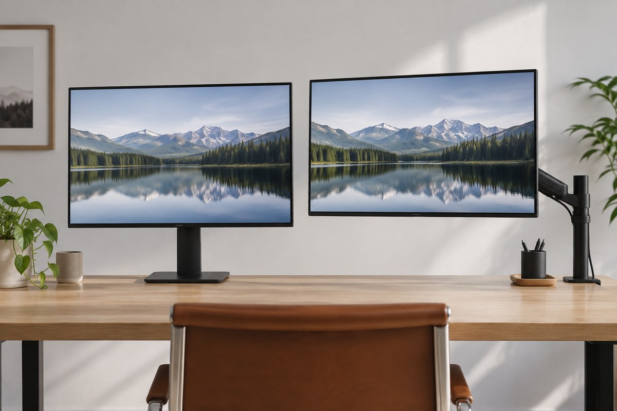 Editorial illustration for monitor arm vs stand for a shallow desk: which saves more space?