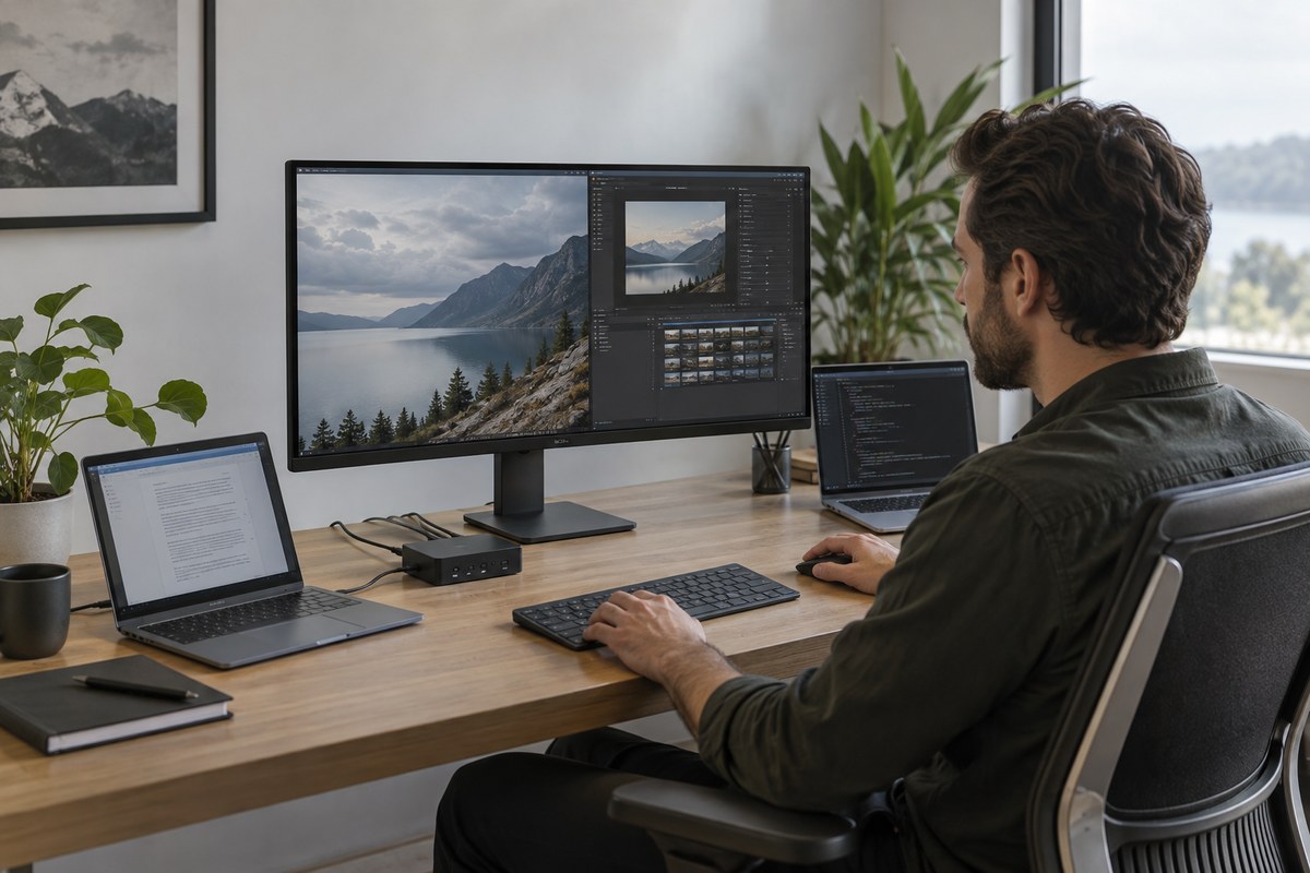 Editorial illustration for monitor with built-in kvm vs separate kvm switch: which fits two computers?