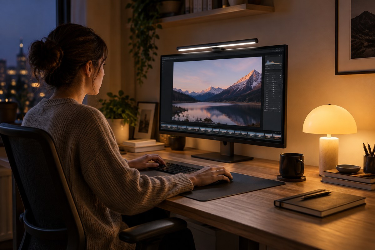 Editorial illustration for monitor light bar vs desk lamp: reduce glare and light the work area