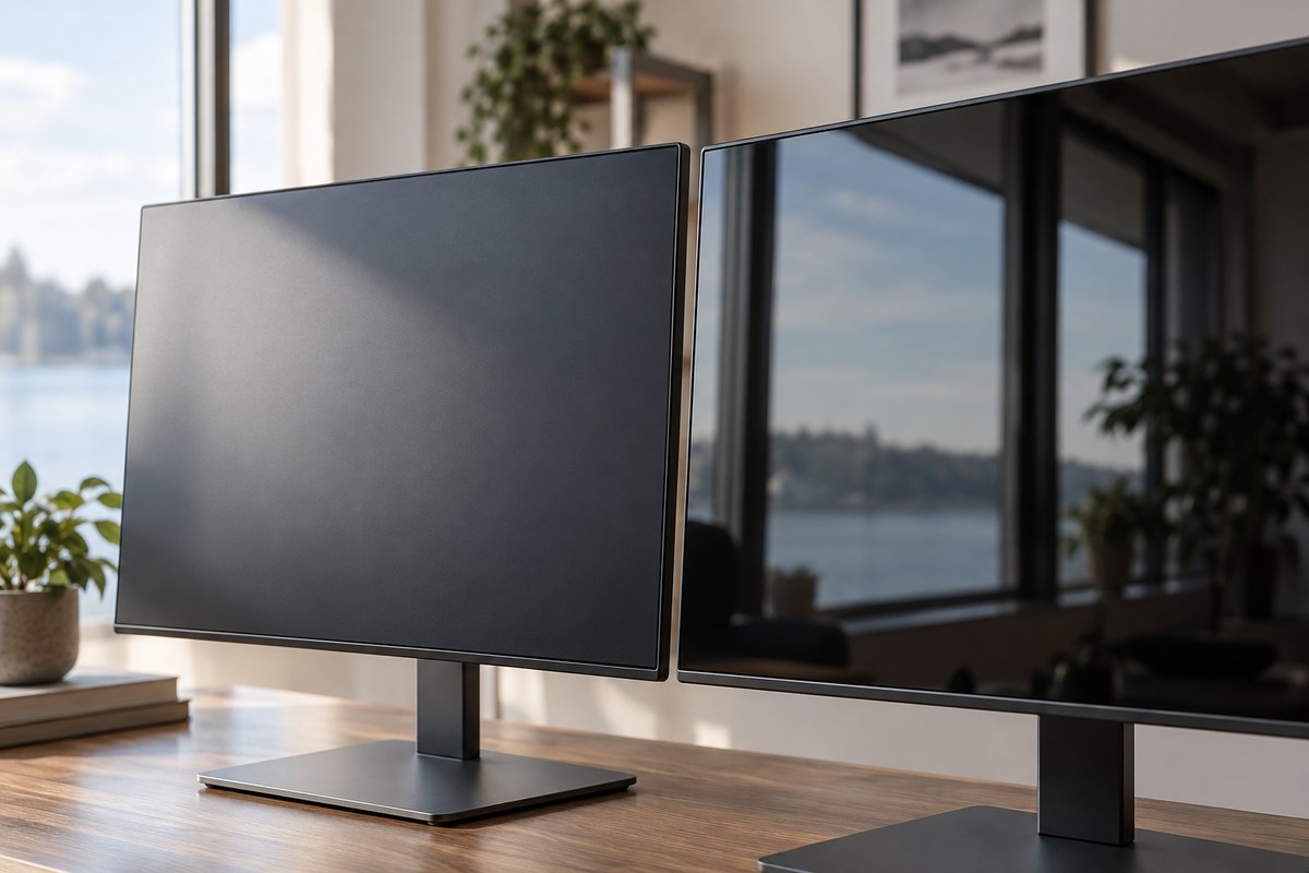 Editorial illustration for matte vs glossy monitor in a bright room: manage reflections first