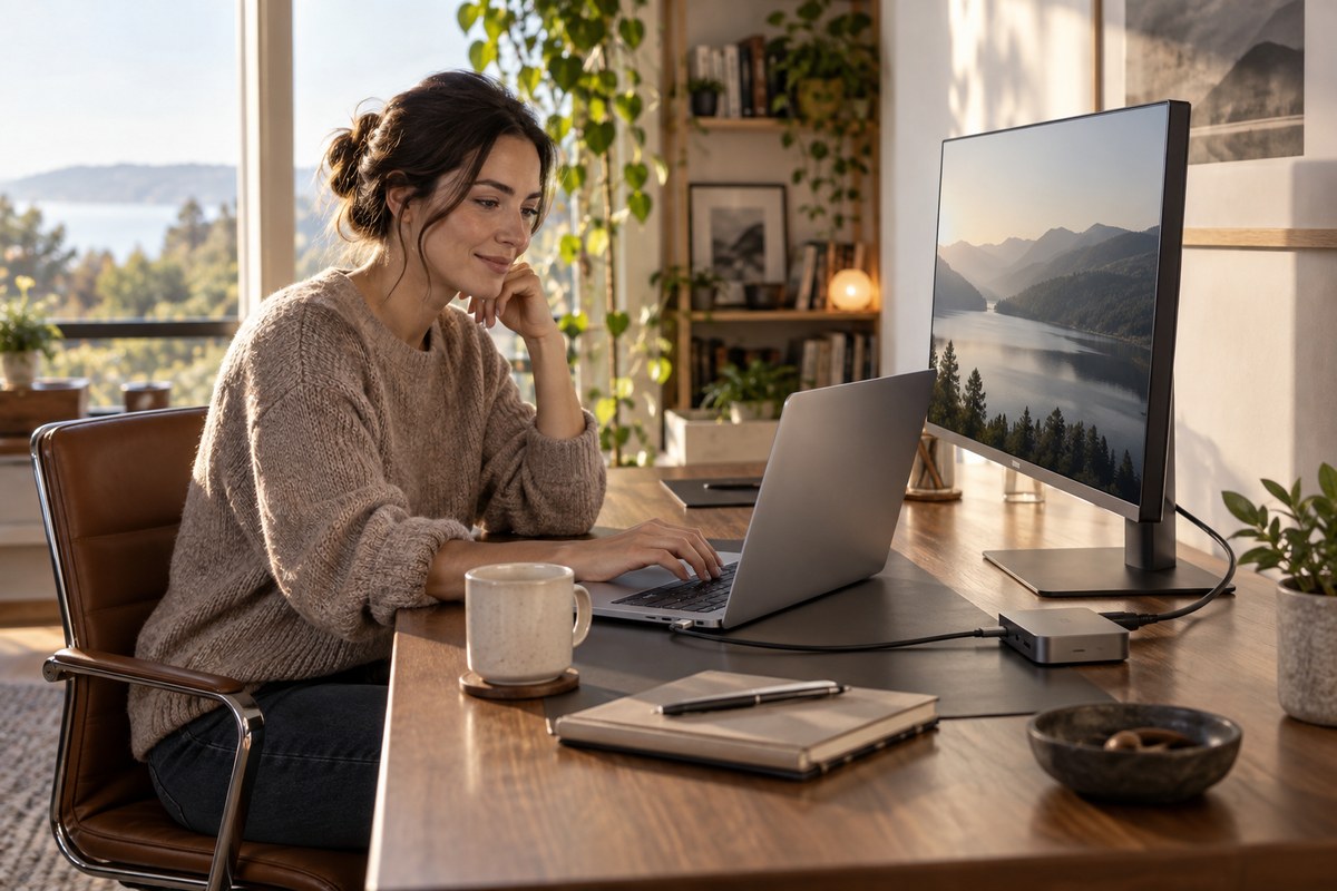 Editorial illustration for usb-c monitor vs dock: build a one-cable laptop setup without guesswork
