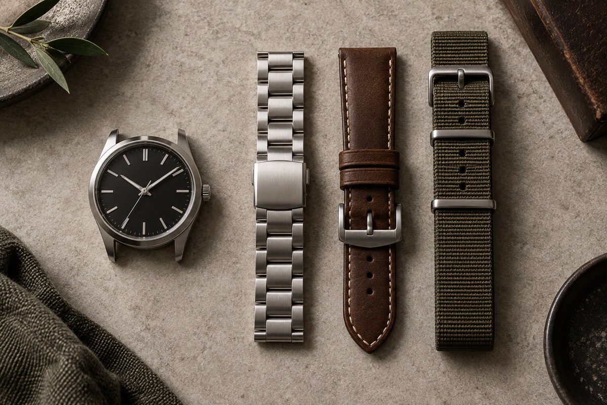 Editorial illustration for watch bracelet vs leather vs nylon: comfort, climate and care