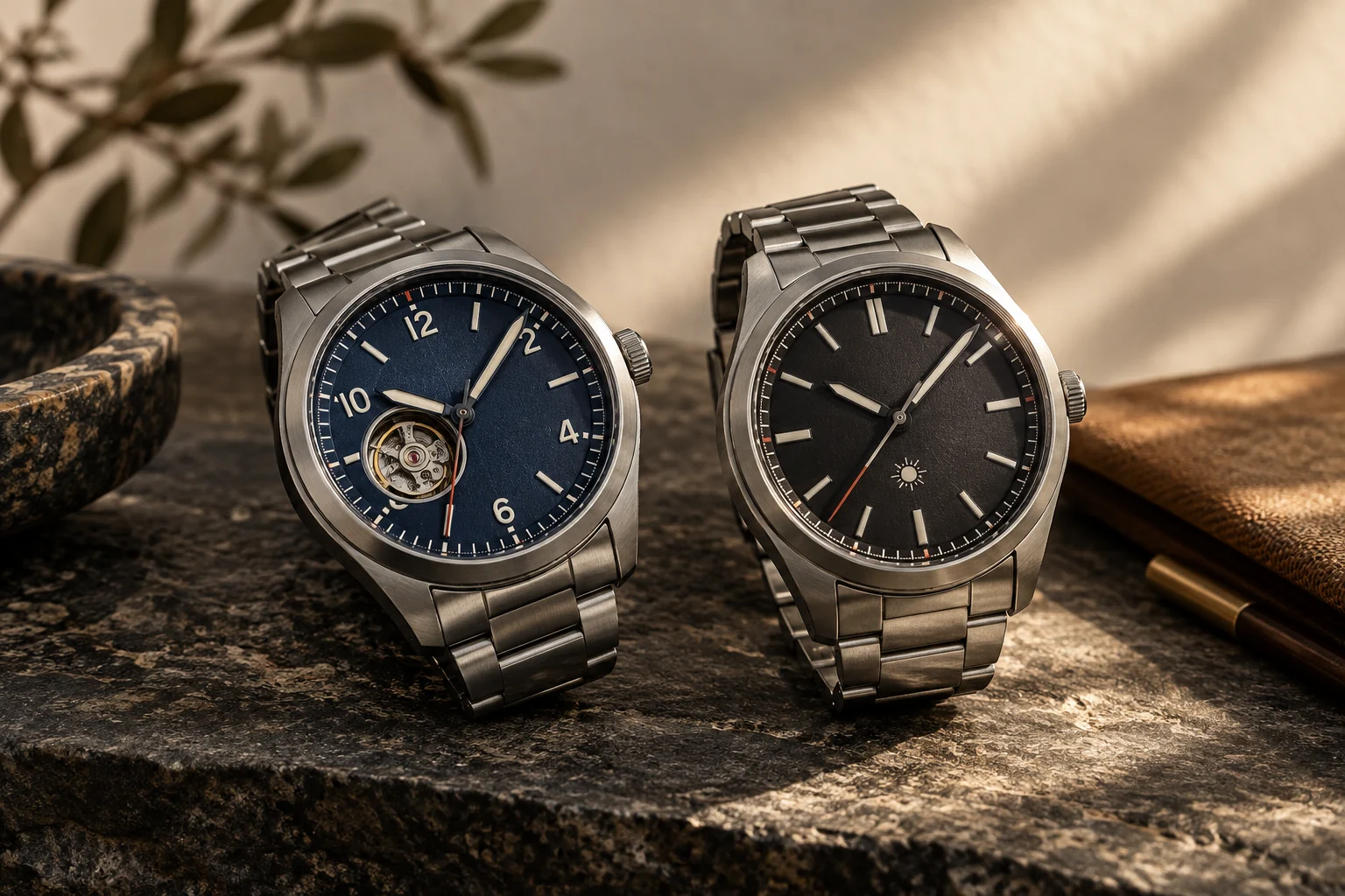 An automatic field watch and a light-powered everyday watch photographed side by side