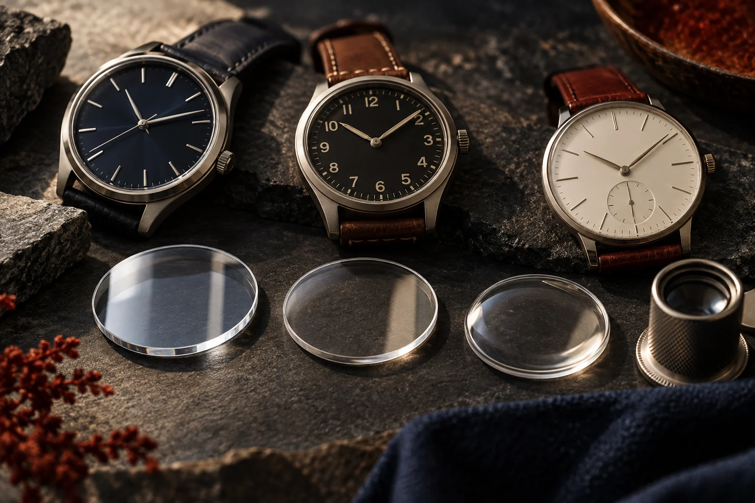 Three watch crystal samples arranged beside minimalist watches on dark stone