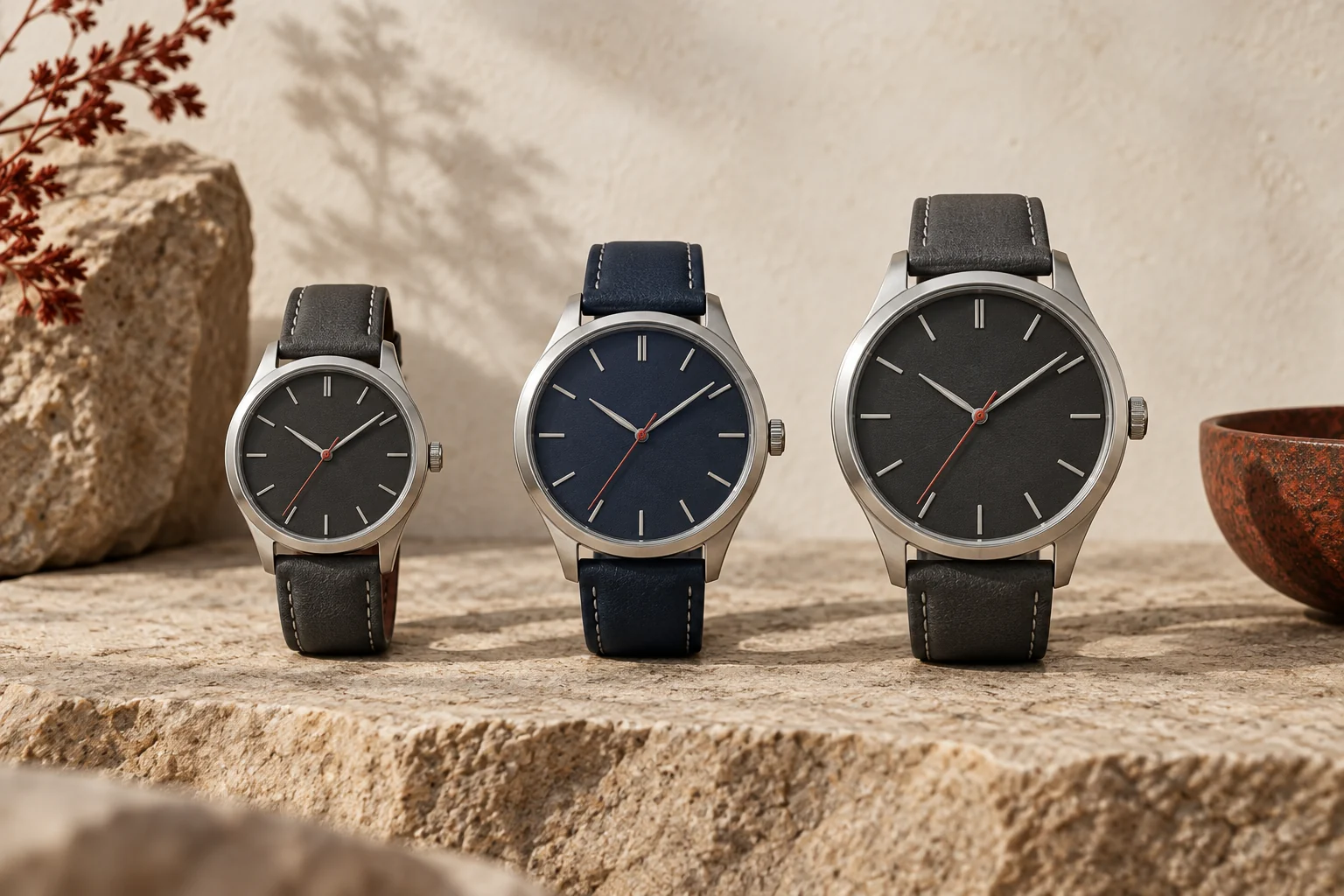 Three minimalist watches arranged from smaller to larger case size