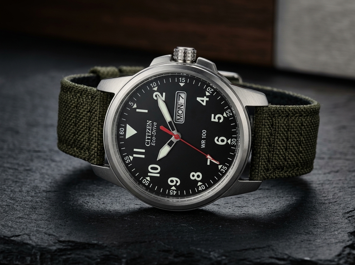 Citizen Eco-Drive Garrison Field Watch on green strap