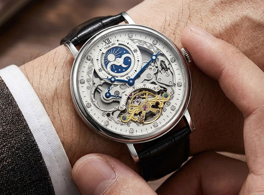 TIME100 Flying Meteor skeleton automatic watch open heart movement 40mm industrial design